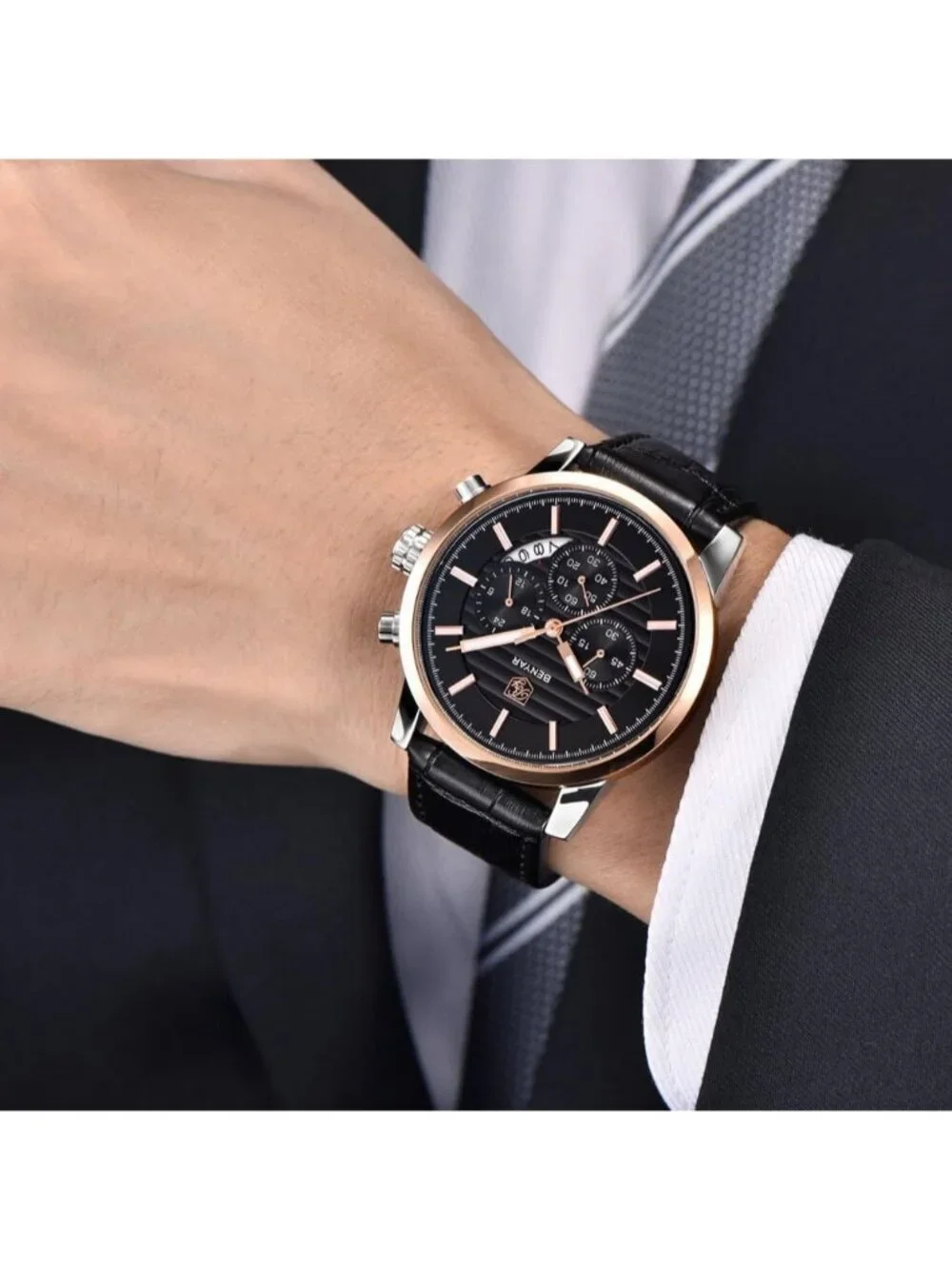 Mens Rose Gold And White Analog Leather Strap Chronograph Waterproof Wrist Watch